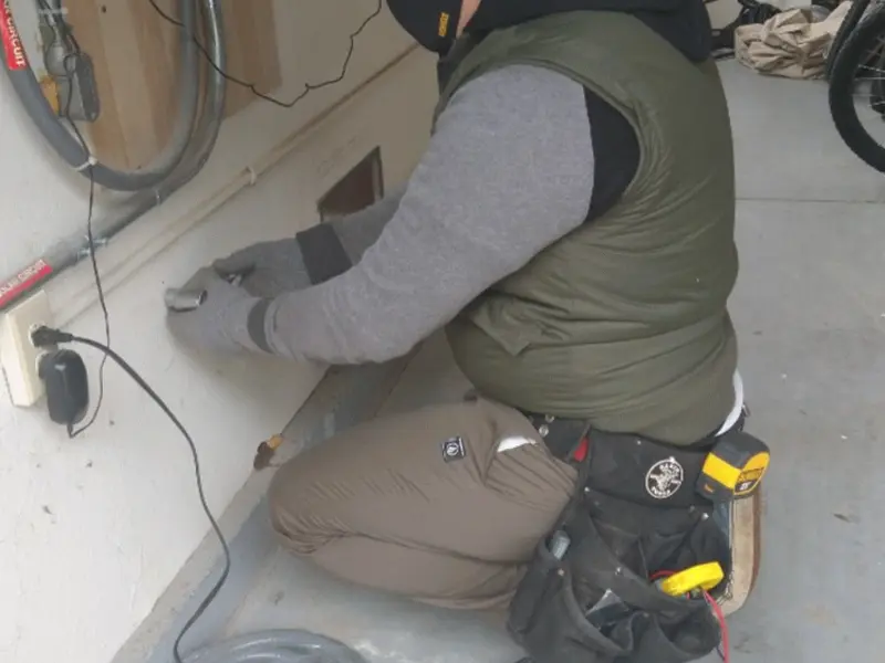Electrician performing outlet wiring in a Leo-Cedarville garage